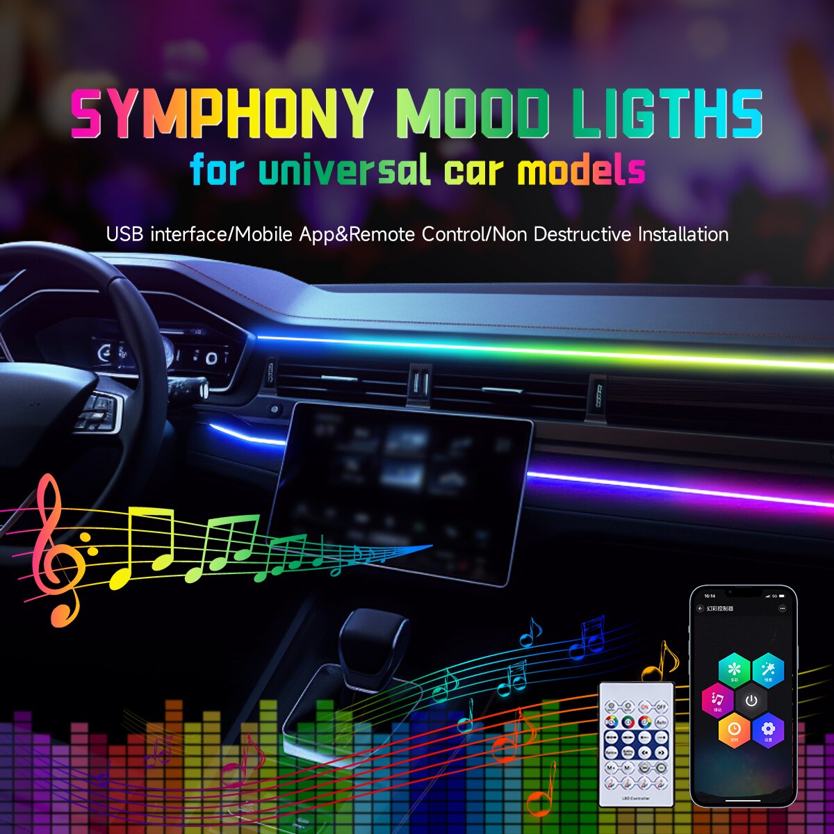 Led Ambient Interior Car Lights App Control - Carro led luz ambiente usb 64