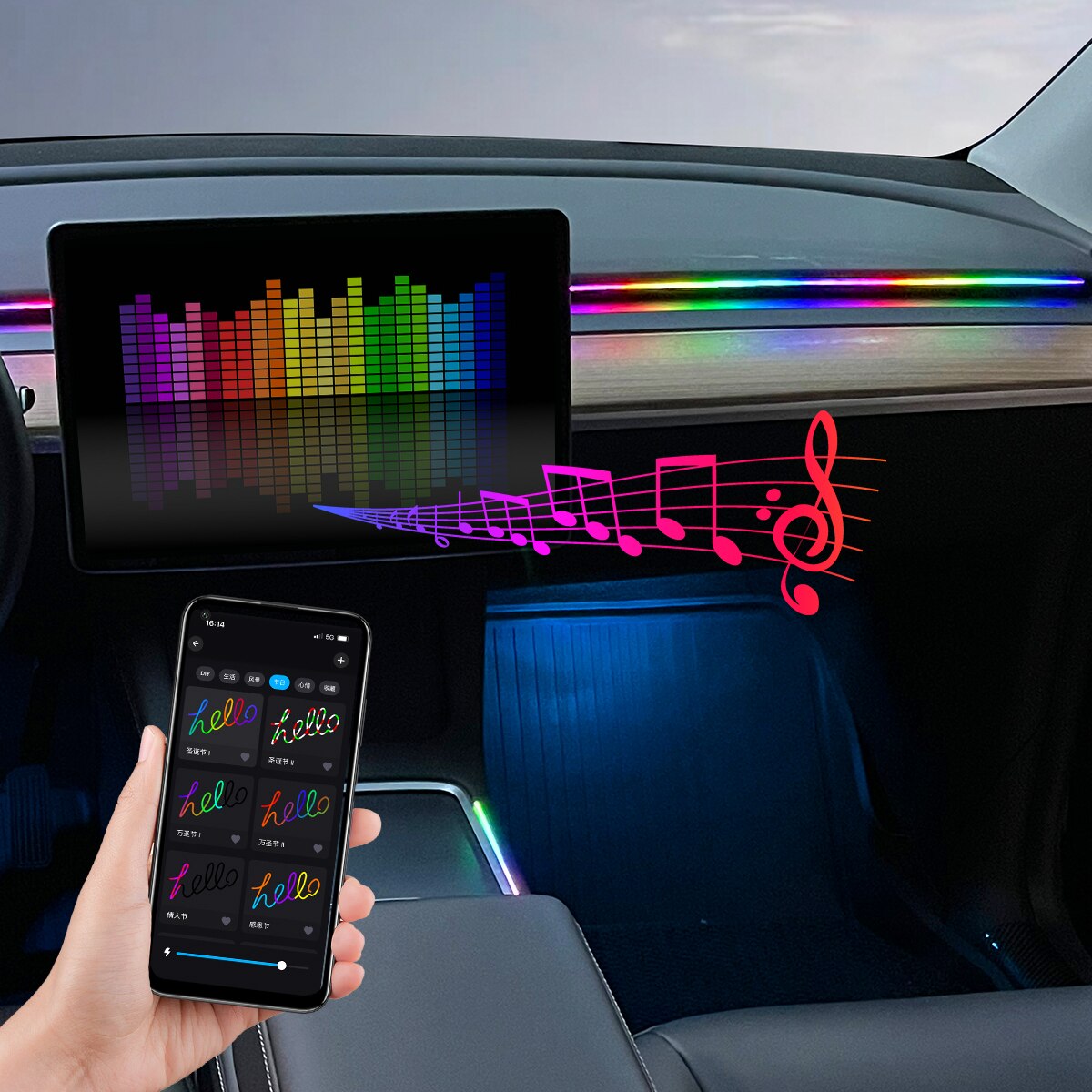 Carro led luz ambiente usb 64  - Led Ambient Interior Car Lights App Control avaliação e preço